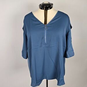 Bloomchic Blouse Women's 2X Half Zipper V-Neck Split Petal Half Sleeve Blue NWT
